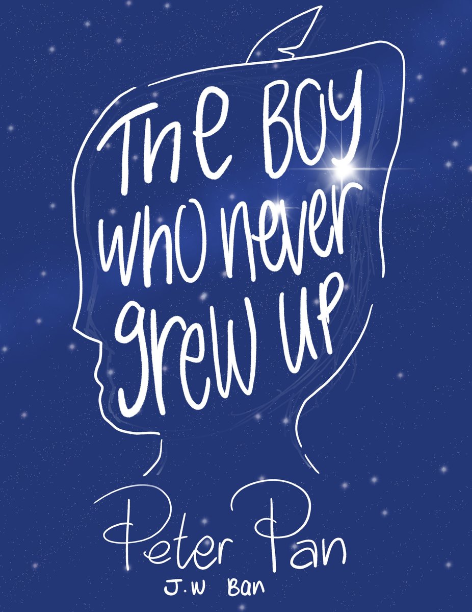Peter Pan book cover sketch, quote warped to Peter Pan's head
