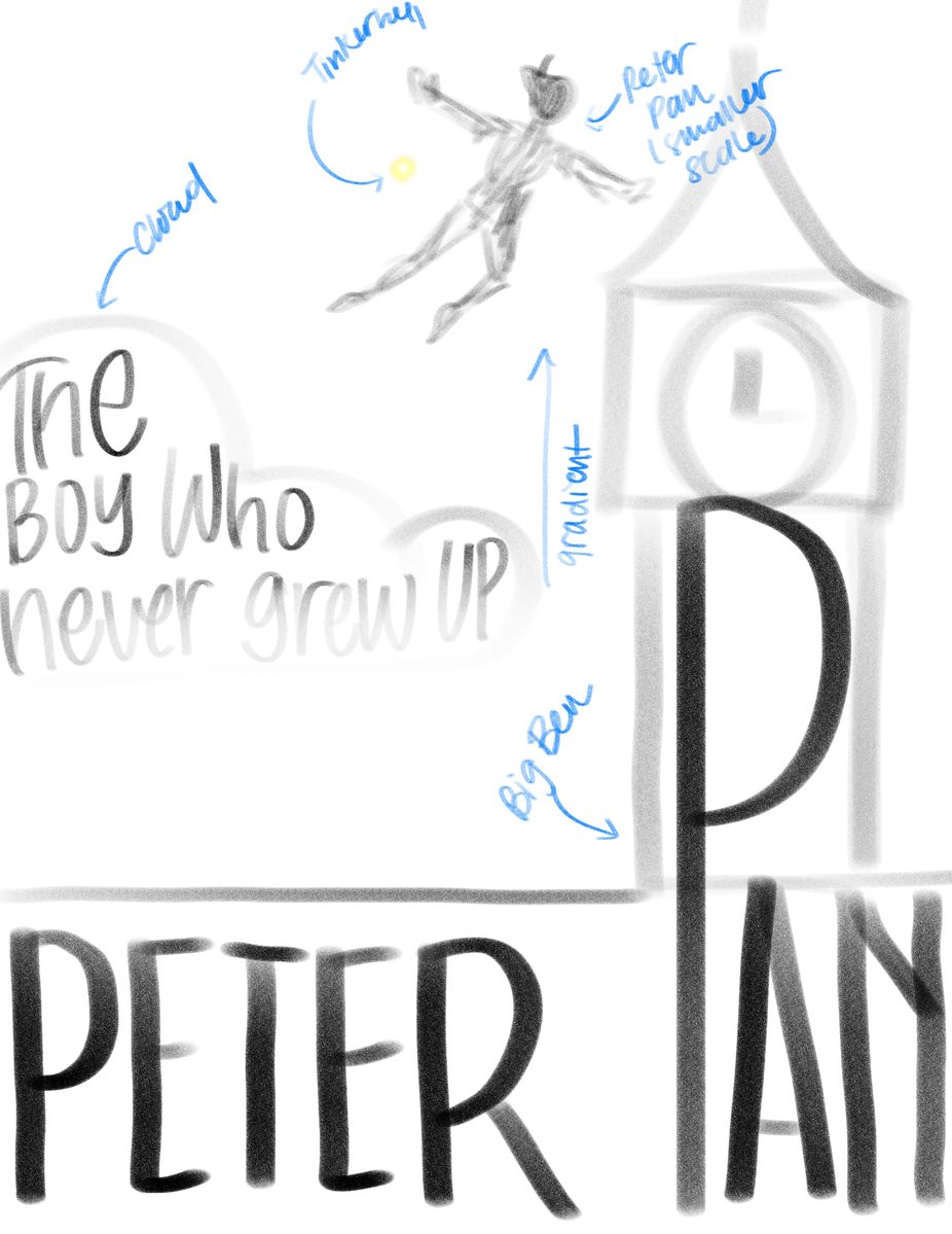 Peter Pan book cover sketch, Big Ben background design