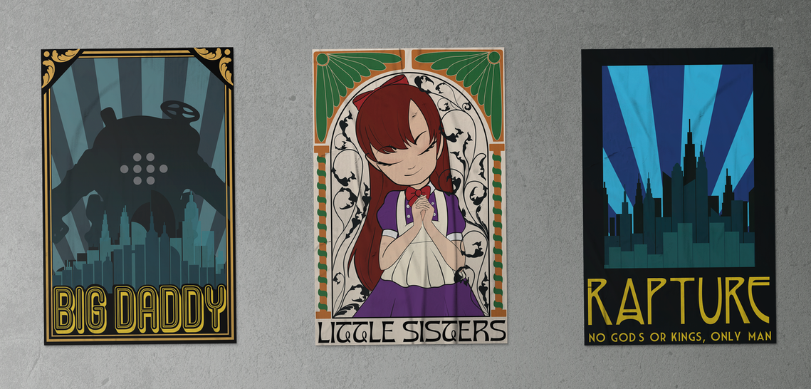 Bioshock poster series mockup displaying Big Daddy, Little Sisters, and the city of Rapture in one image