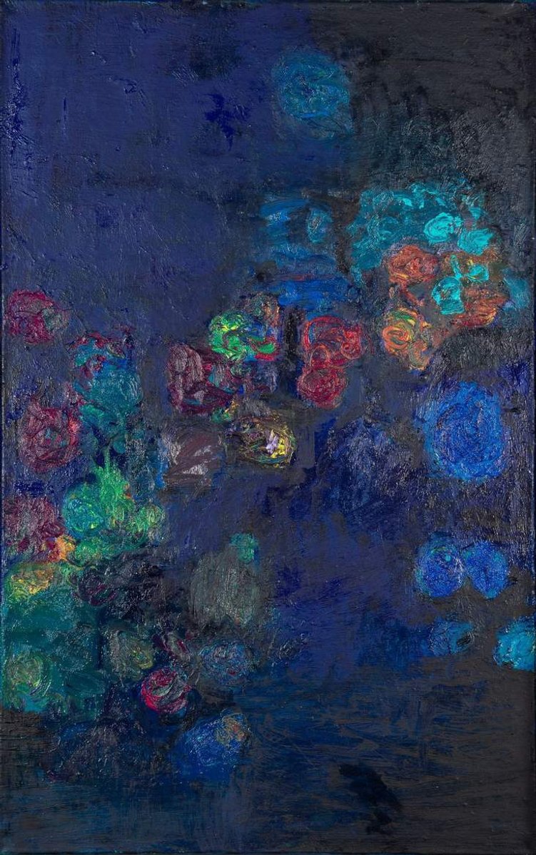 "Blue Moon" oil painting with deep blues changing hues in different lighting by Irma Hameri.