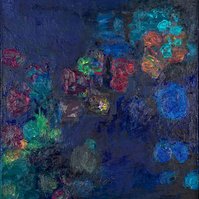 "Blue Moon" oil painting with deep blues changing hues in different lighting by Irma Hameri.