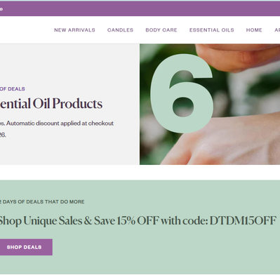 Screenshot of the webpage with a collection image with the woman dripping essential oil on bracelet. Next to image has a description copy block stating terms and conditions.