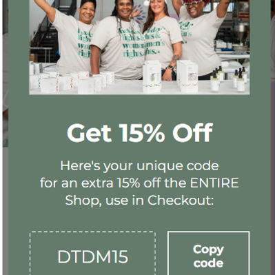 Mobile design for the 15% off your order pop-up window.