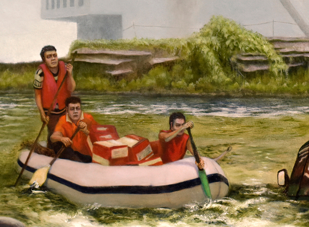 Almost There
Oil on aluminum panel
36" x 20"
Flood scene, rescue workers in zodiac boats, sinking SUV, guy paddling on a tire with a broom as an oar, factory in the back ground