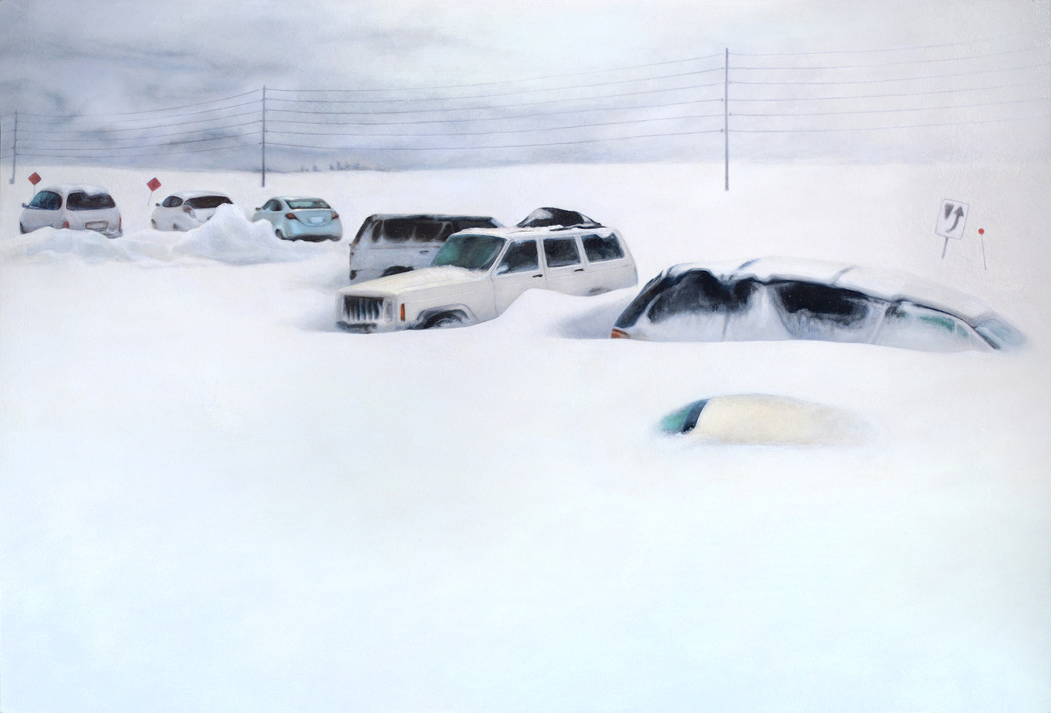 Drift
Oil on aluminum panel
35" x 20.5 "
Contemporary art
Oil painting
Cars vehicles snowstorm stuck
climate change