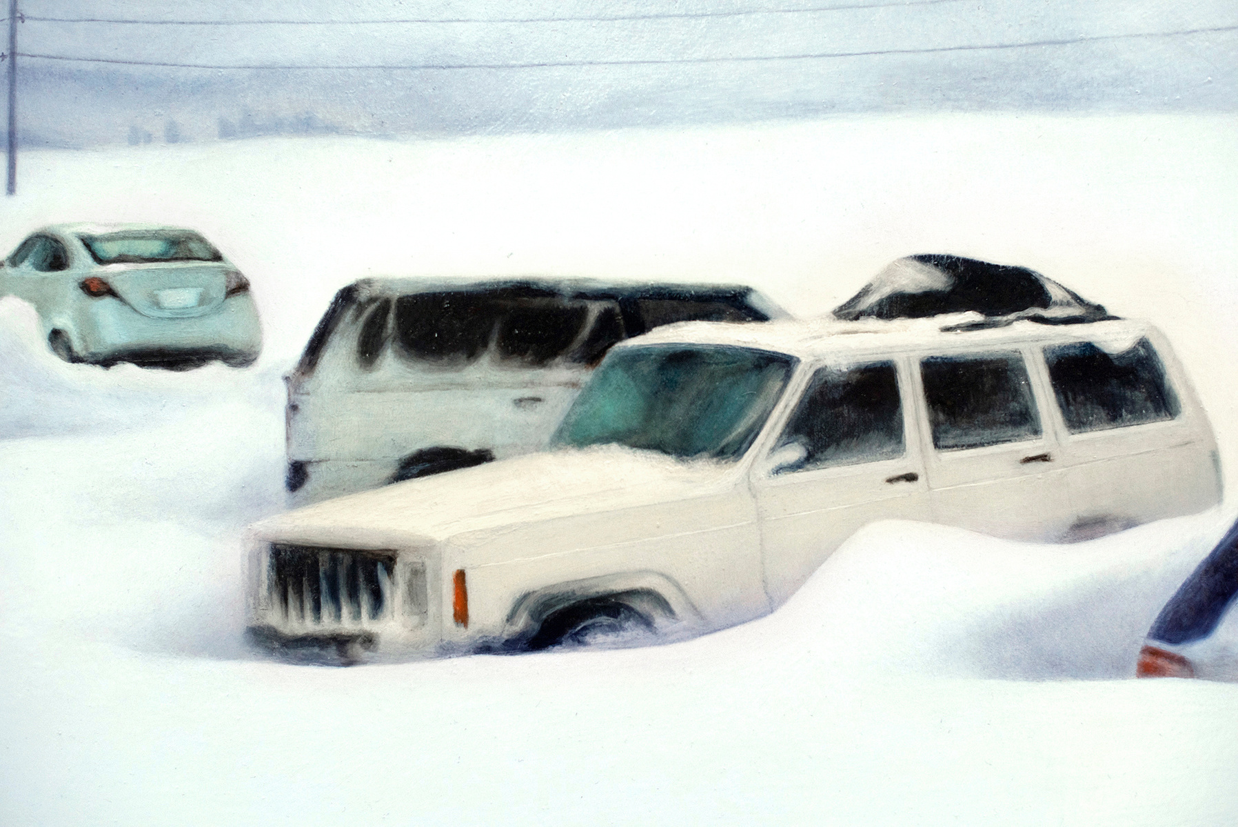 Drift - detail
Oil on aluminum panel
Contemporary art
Oil painting
Cars vehicles snowstorm stuck
climate change