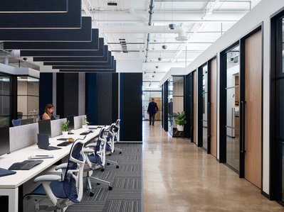 High-quality interior photography by a professional commercial photographer, showcasing an open work area