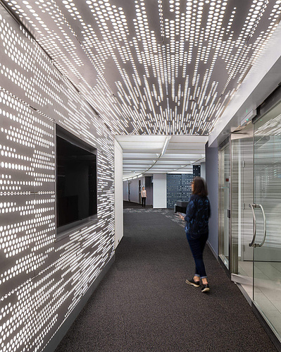 High-quality interior shot of a workplace hallway 