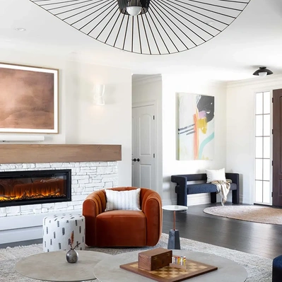 Interior residential photography featuring a modern fireplace as the focal point in a stylishly designed home