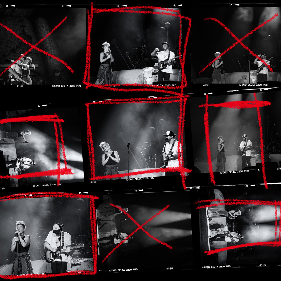 contact sheet of James Gillespie with Pink on stage in Germany