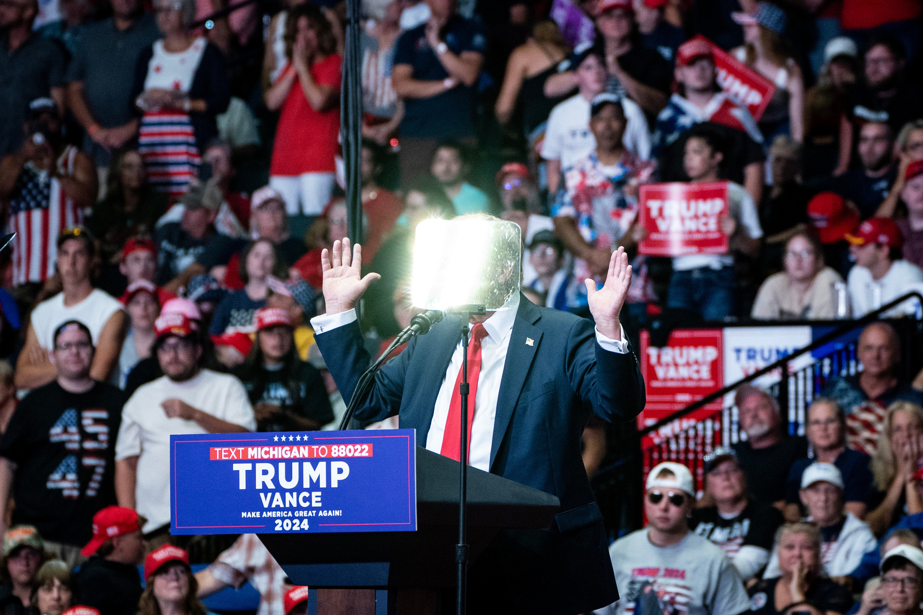 NYTRNC24. Former president and Republican presidential candidate Donald Trump speaks at a rally in Grand Rapids, Michigan, on Saturday, July 20, 2024, after the Republican National Convention. (Photo by Haiyun Jiang for The New York Times)