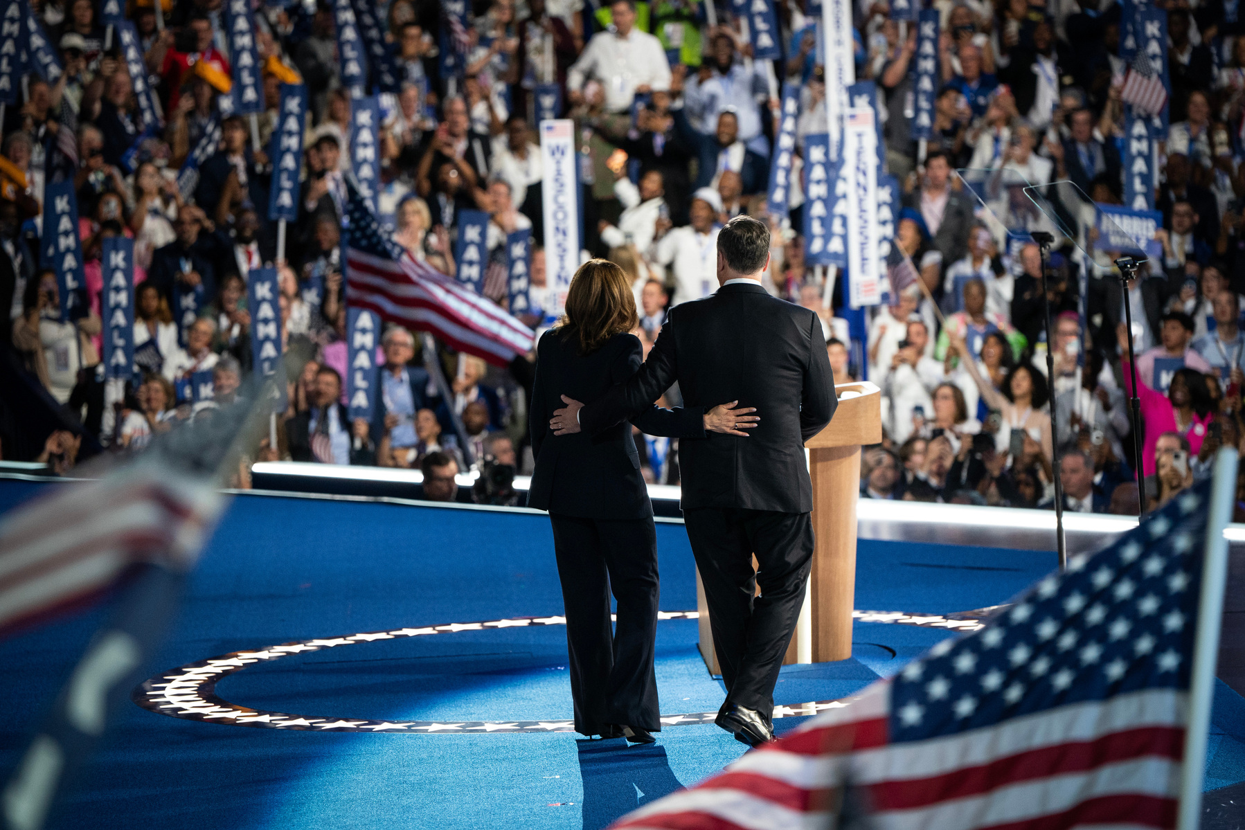 NYTDNC24. Vice President and Presidential candidate Kamala Harris embraces her husband Second Gentlemen Doug Emhoff after her nomination speech on Thursday, August 22, 2024, the final day of the Democratic National Convention in Chicago, Illinois. (Photo