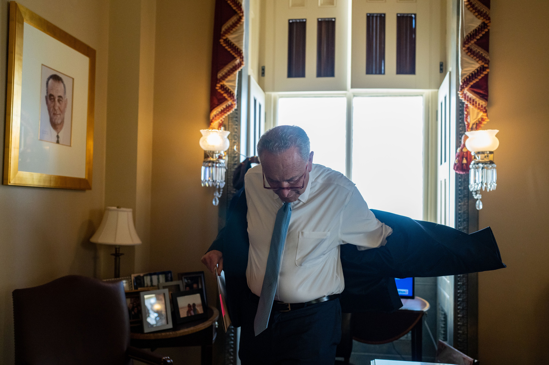 DC-Hill. Senate Majority Leader Chuck Schumer, D-N.Y., gets ready for his speech on the floor that triggers the “vote a rama” of the Reconciliation bill on Saturday, August 6, 2022. (Photo by Haiyun Jiang/The New York Times)