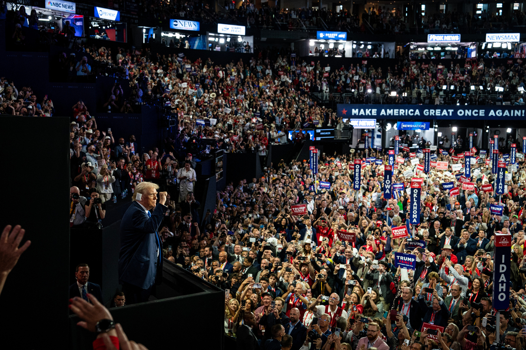 NYTRNC24. Former President Donald Trump arrives at the Republican National Convention in Fiserv Forum in Milwaukee, Wisconsin, on Tuesday, July 16, 2024. (Photo by Haiyun Jiang for The New York Times)