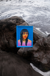 portrait of Yemeni girl with green makeup on her tear-stained cheeks. Set against a vibrant blue background, symbolizes the ongoing oppression and dictatorship in the Middle East. Representing the pain carried silently by women amidst war.