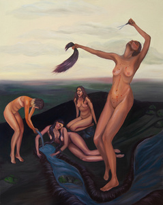 "Hunger Strike,' an impactful oil painting by Anrike Piel that vividly portrays Iranian women protesting for their rights. This feminist artwork features powerful imagery of women engaged in a hunger strike, with bullet shots and a nude representation