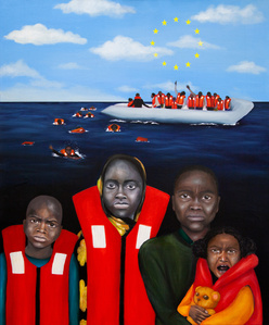 Oil painting of BLM and the the harrowing journey of Africans crossing the Mediterranean Sea on rubber boats. In the foreground, a family stands as a representation of hope, while in the background, individuals drown, tragically pointing at the EU symbol.