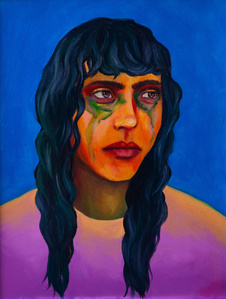 portrait of Yemeni girl with green makeup on her tear-stained cheeks. Set against a vibrant blue background, symbolizes the ongoing oppression and dictatorship in the Middle East. Representing the pain carried silently by women amidst war.