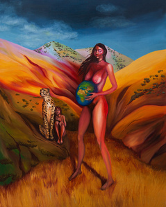 painting captures the spirit of the women's protest in Iran. Vibrant colors and symbolism, it portrays a nude woman with a pregnant belly, symbolizing the Earth, while a cheetah stands behind her, offering protection to a child with closed eyes. 