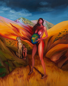 painting captures the spirit of the women&amp;amp;amp;amp;amp;amp;#x27;s protest in Iran. Vibrant colors and symbolism, it portrays a nude woman with a pregnant belly, symbolizing the Earth, while a cheetah stands behind her, offering protection to a child with closed eyes. 