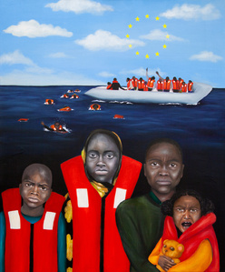 Oil painting of BLM and the the harrowing journey of Africans crossing the Mediterranean Sea on rubber boats. In the foreground, a family stands as a representation of hope, while in the background, individuals drown, tragically pointing at the EU symbol.