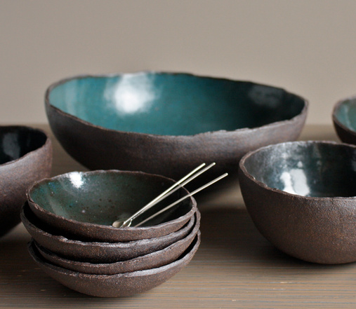 Coilbuilt bowls, peacock green glaze on brown stoneware, reduction fired