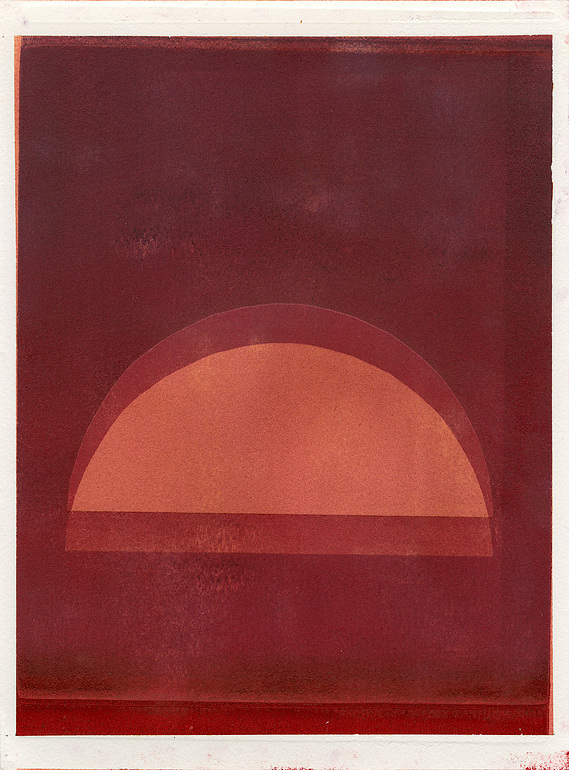 Gilded Arch 3 (Iriodin Red), 2025, Monotype with oil based ink and mica powder on arches oil paper, 12 x 9 inches.