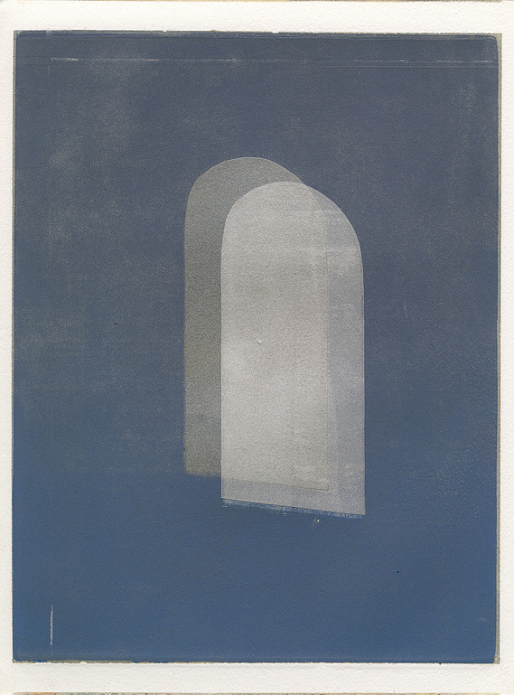 Gilded Arch 6 (Silver Grey), 2025, Monotype with oil based ink and mica powder on arches oil paper, 12 x 9 inches.