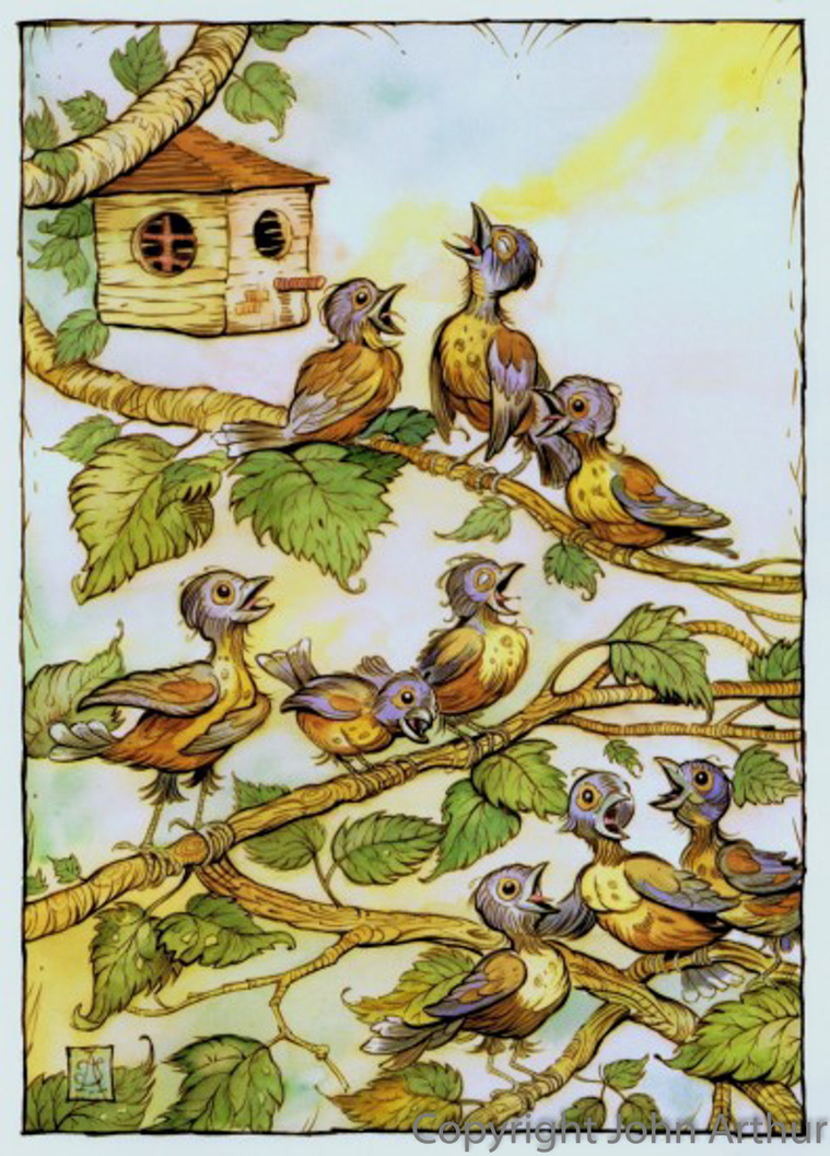 birds on branch birdhouse