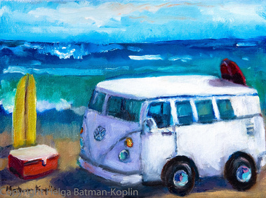 VW bully at the beach with surf board