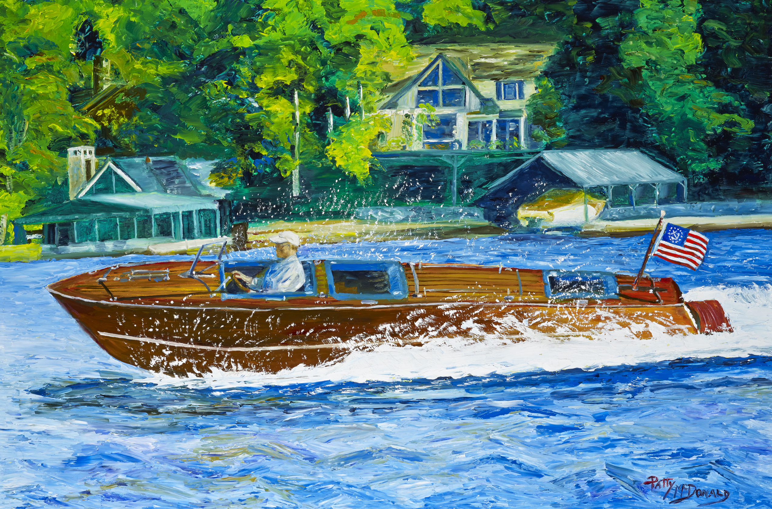 Wooden speedboat racing along.
