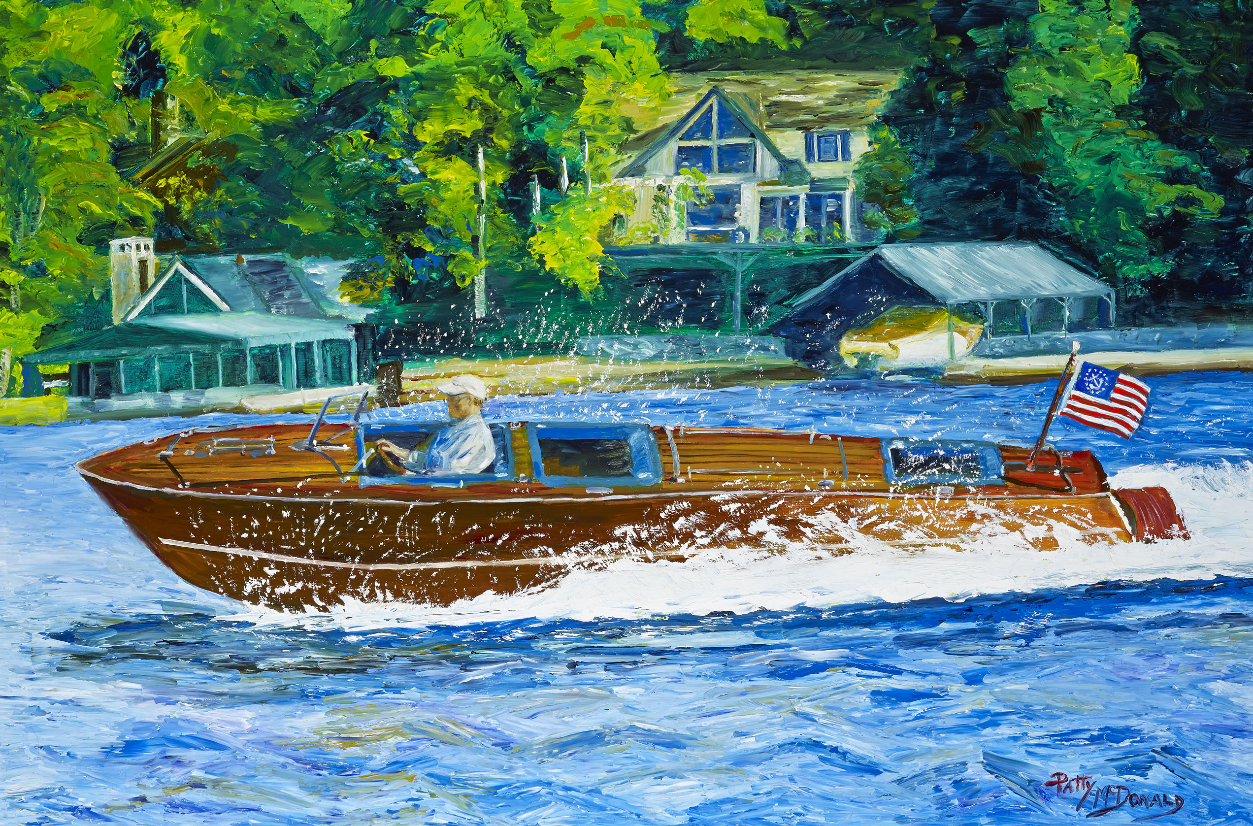 Wooden speedboat racing along.