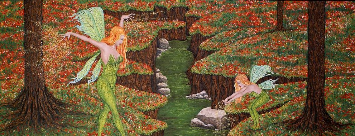 Fairies jumping over ravine in the fall.