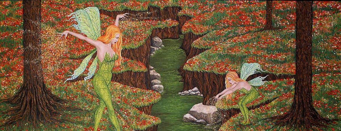 Fairies jumping over ravine in the fall.