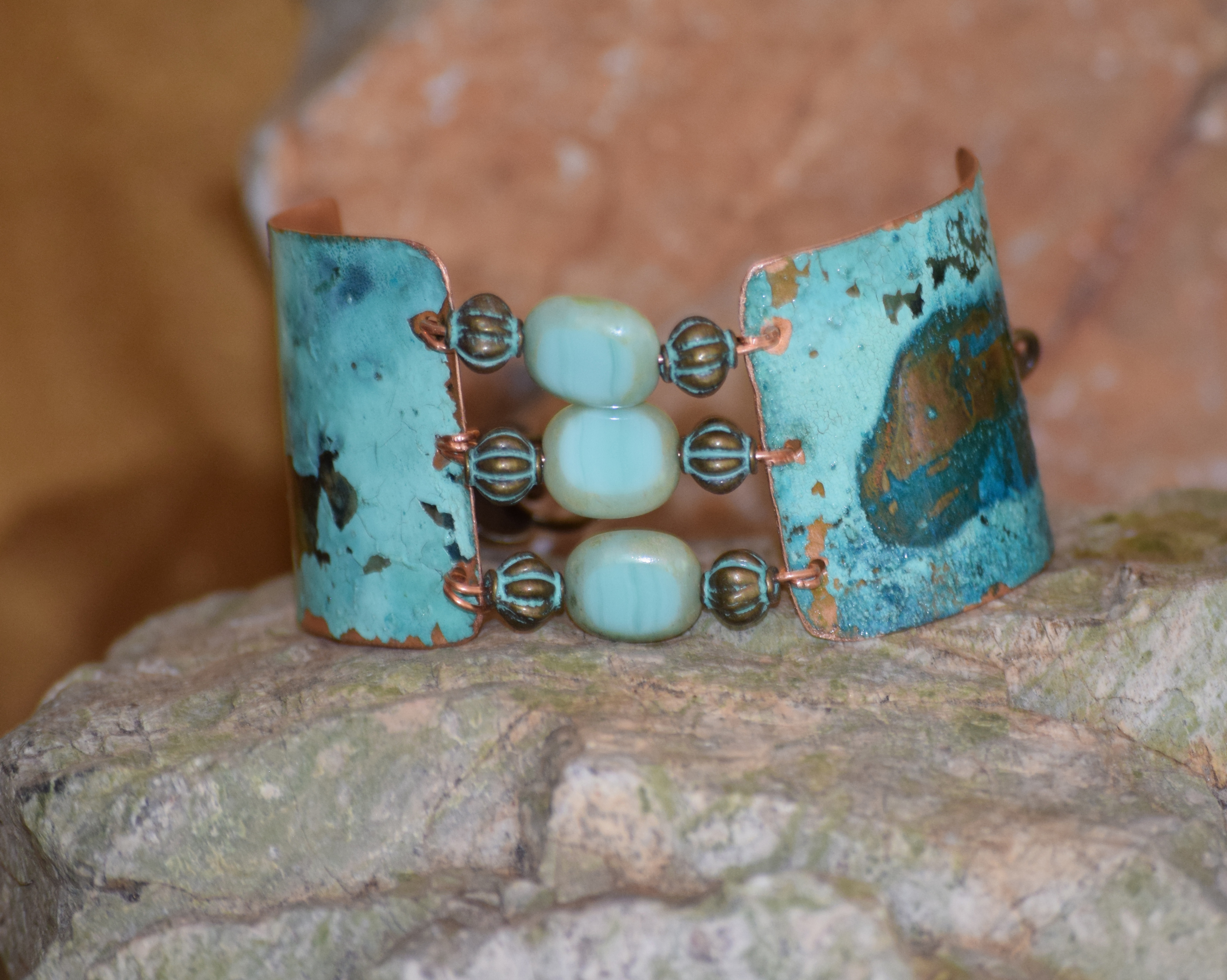 copper patina bracelet vintage look by Sue Priest turquoise