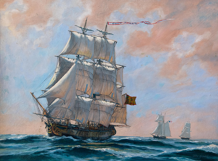 Three tall ships at sunset
