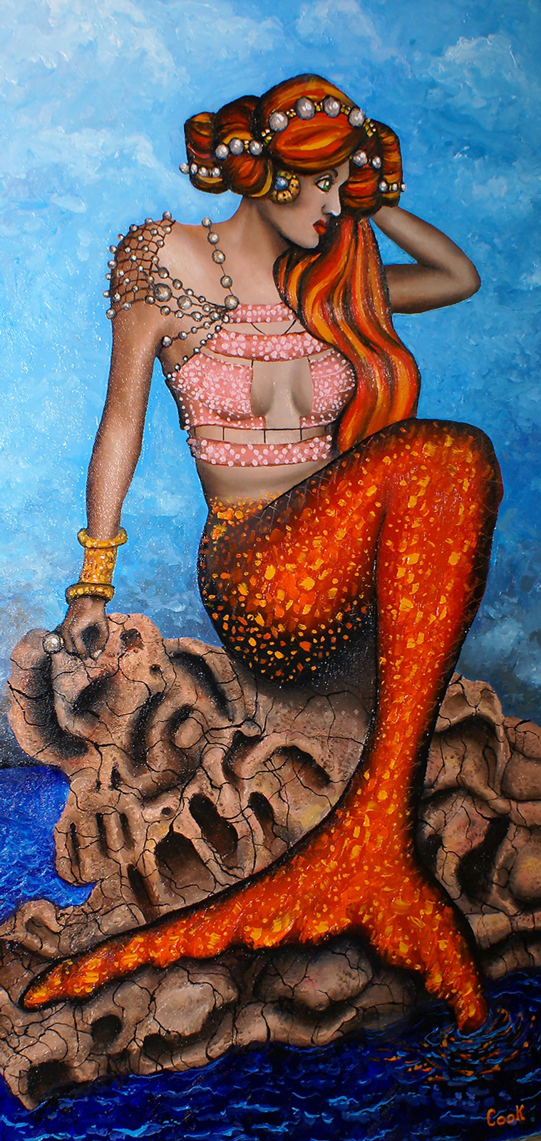Mermaid with red hair and blue background.