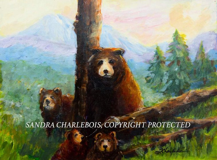 Bear family with mountain scenery.