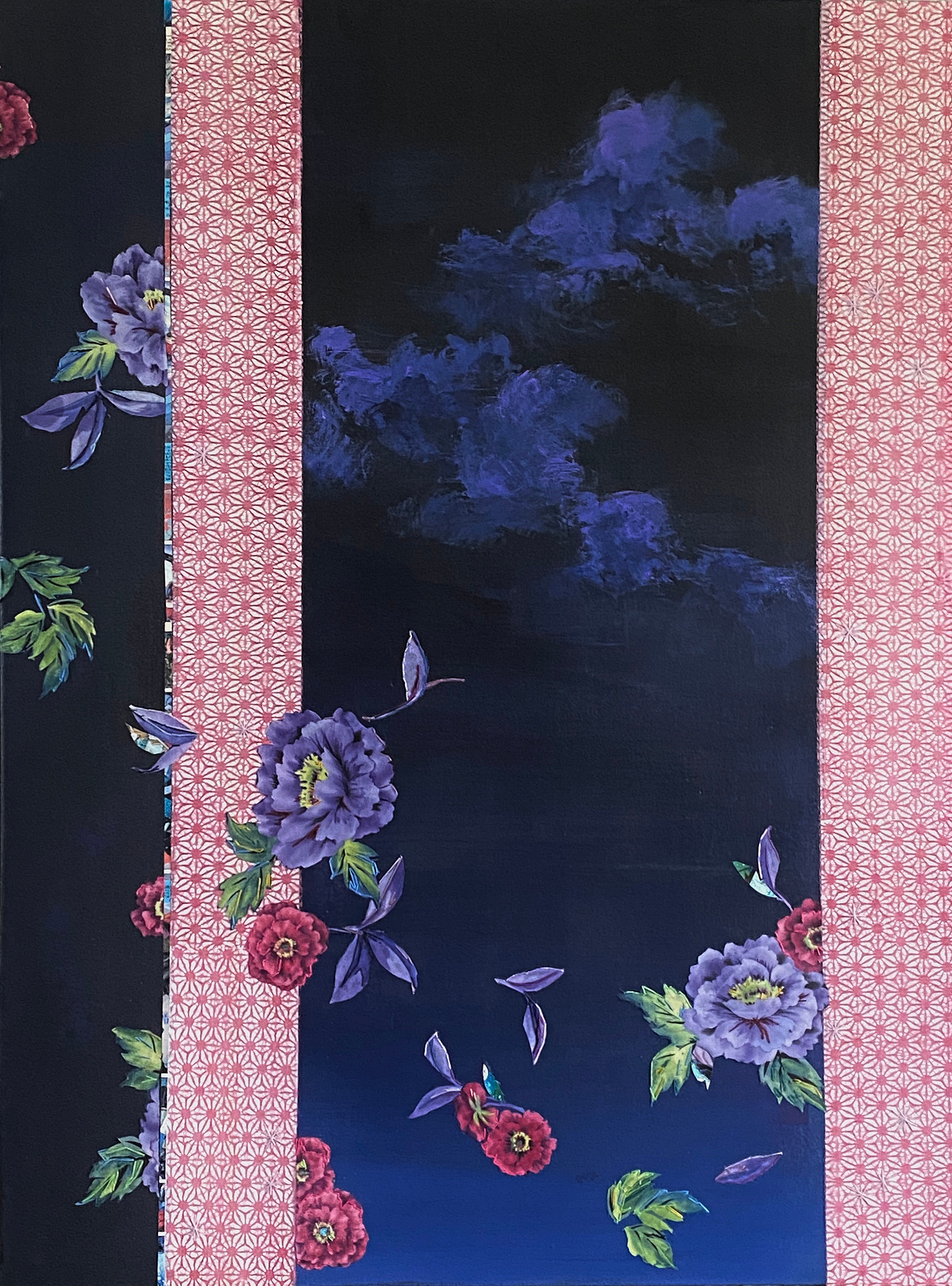 Future Nostalgia, 30"x40", acrylic, fabric, embroidery, comic books on canvas