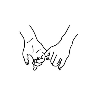 Minimalistisches schwarzes Lineart von den Händen eines Pärchens. Die kleinen Finger sind eingehakt. 