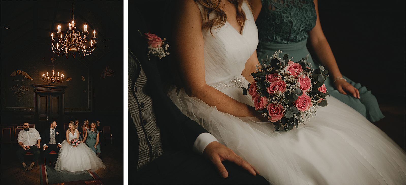 klassischer Brautstrauß mit Schleierkraut und pinken Rosen für die standesamtliche Hochzeit