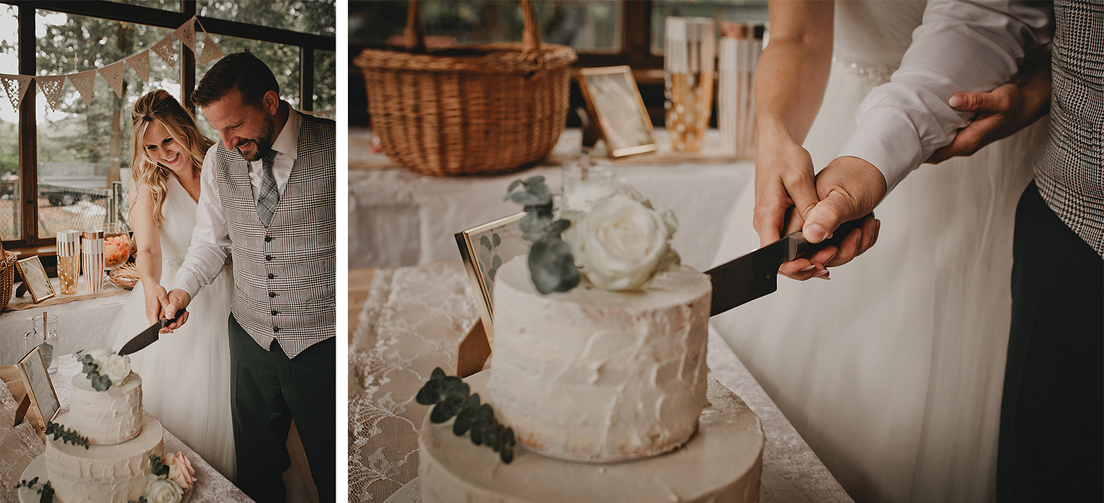 Brautpaar schneidet die Hochzeitstorte an