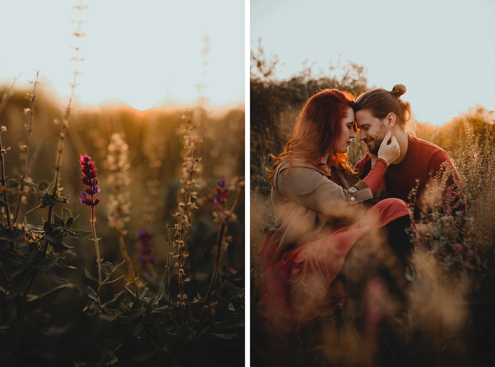 Ein Pärchen kuschelt innig auf einer Wiese beim Sunset Couple Shoot in Berlin. Die Gräser leuchten in der Abendsonne.