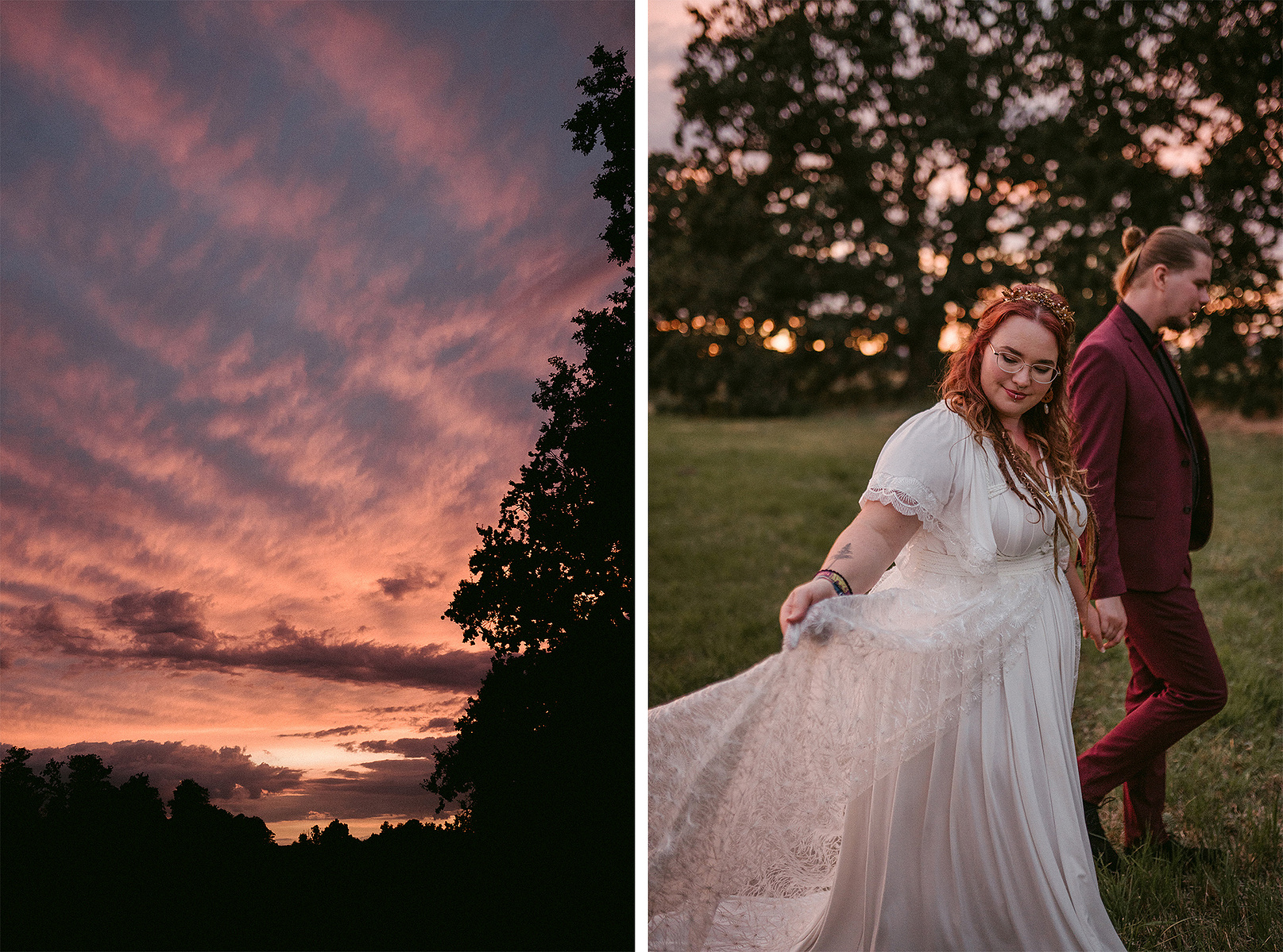 Braut und Bräutigam laufen für malerische Hochzeitsfotos im Abendlicht während des Sonnenuntergangs über die Wiese.