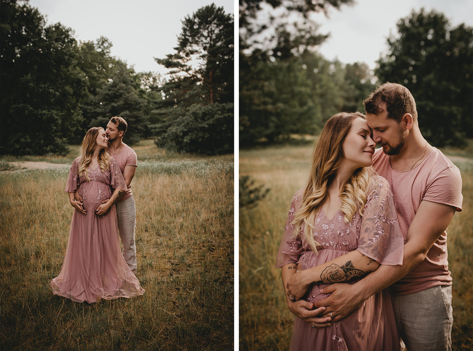 Eine Schwangere und ihr Mann posen für Babybauchfotos eng umschlungen auf einer Wiese.