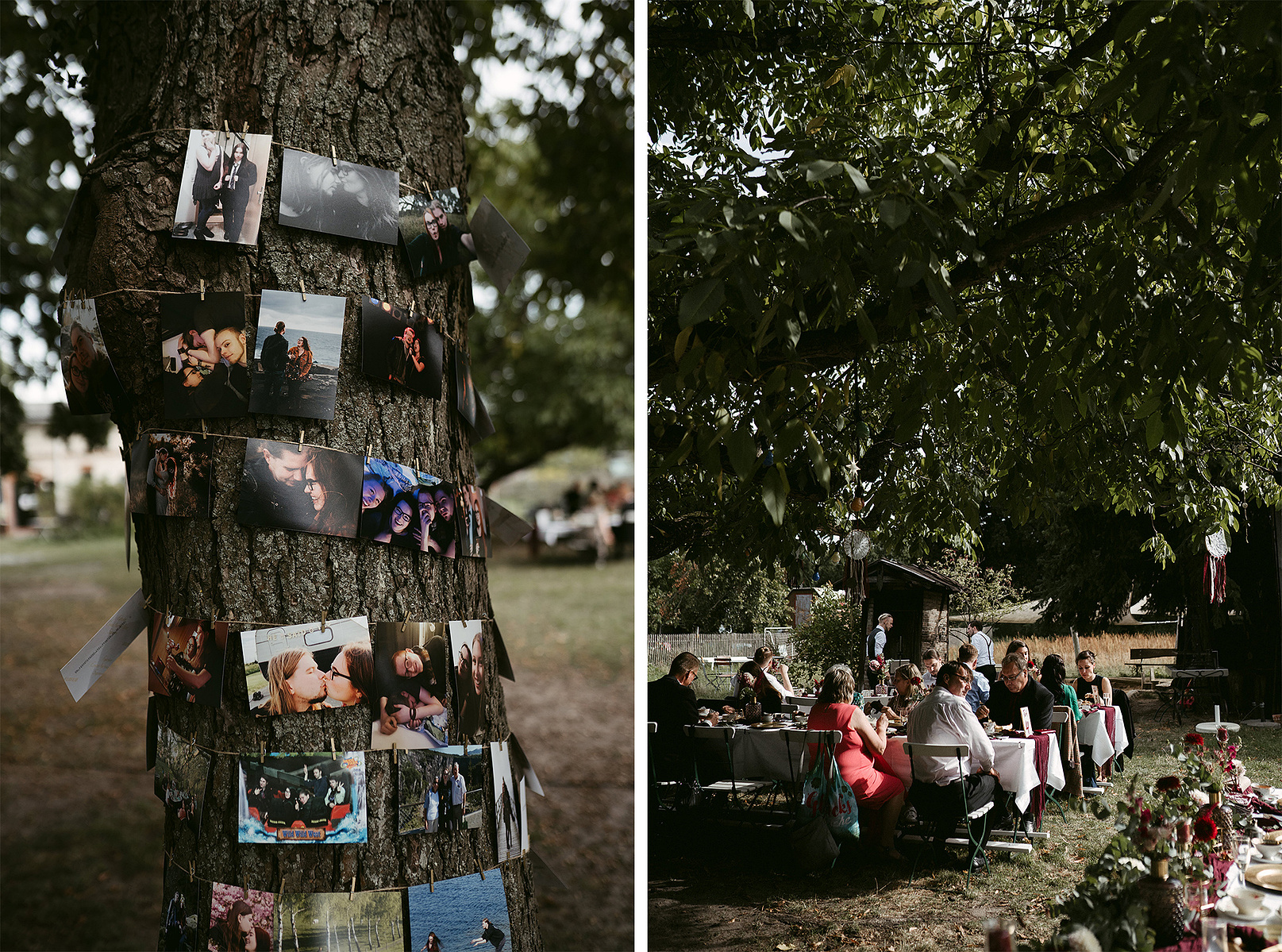 Lockere Gartenhochzeit in der Hochzeitslocation Alte Försterei Briescht in Brandenburg. An einem Baum sind Bilder aus der Beziehung des Brautpaars angebracht.