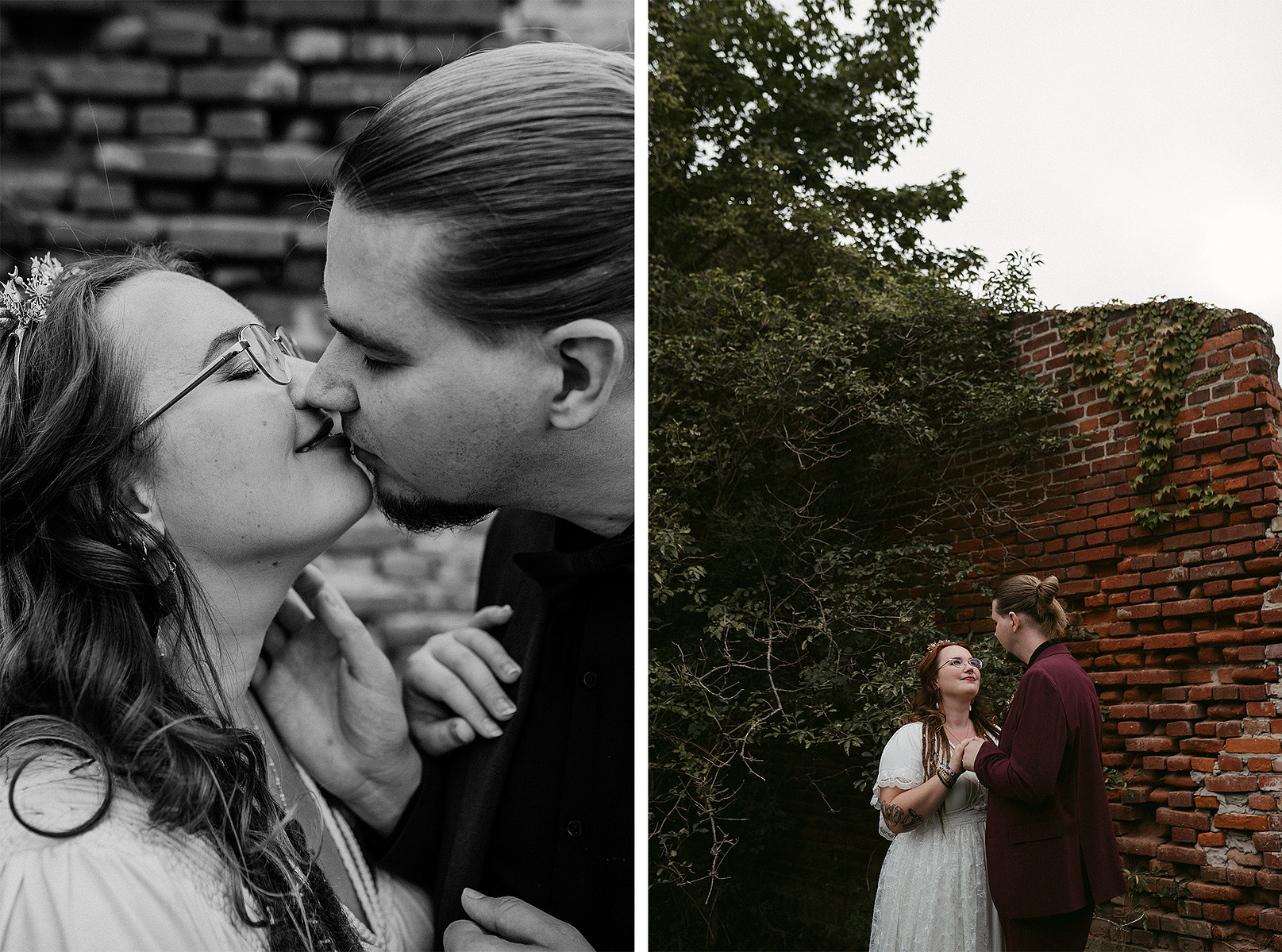 Das Brautpaar steht beim Fotoshooting mit der Hochzeitsfotografin in der Alten Försterei Briescht vor einer Backsteinwand.