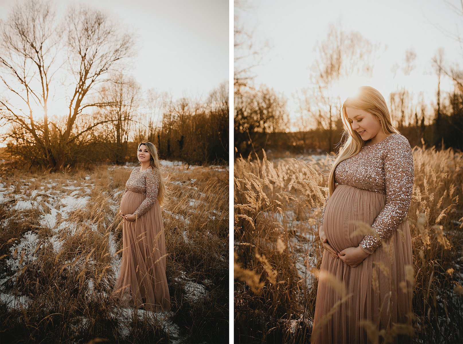 Beim Babybauch-Fotoshooting im Winter psoiert die werdende Mutter für die Familienfotografin aus Berlin.