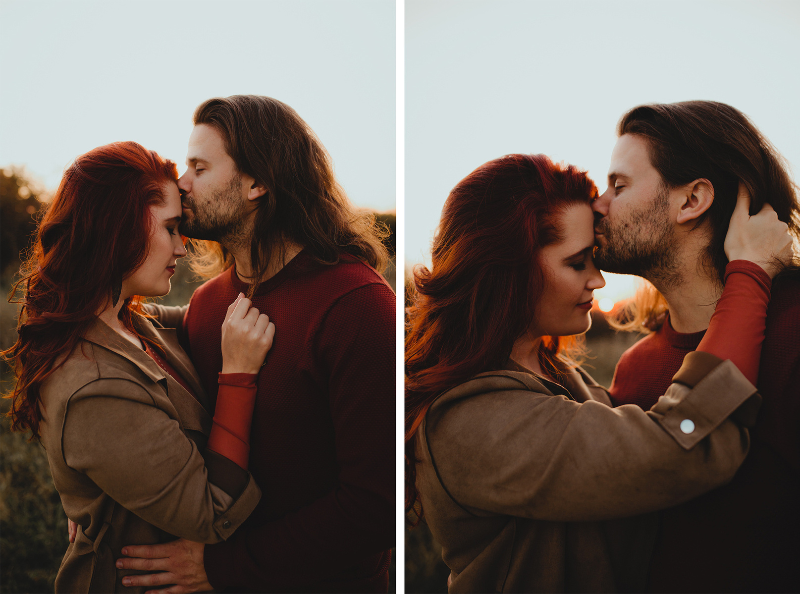 Ein Mann gibt seiner Freundin beim herbstlichen Couple Fotoshoot in Berlin einen Kuss auf die Stirn.