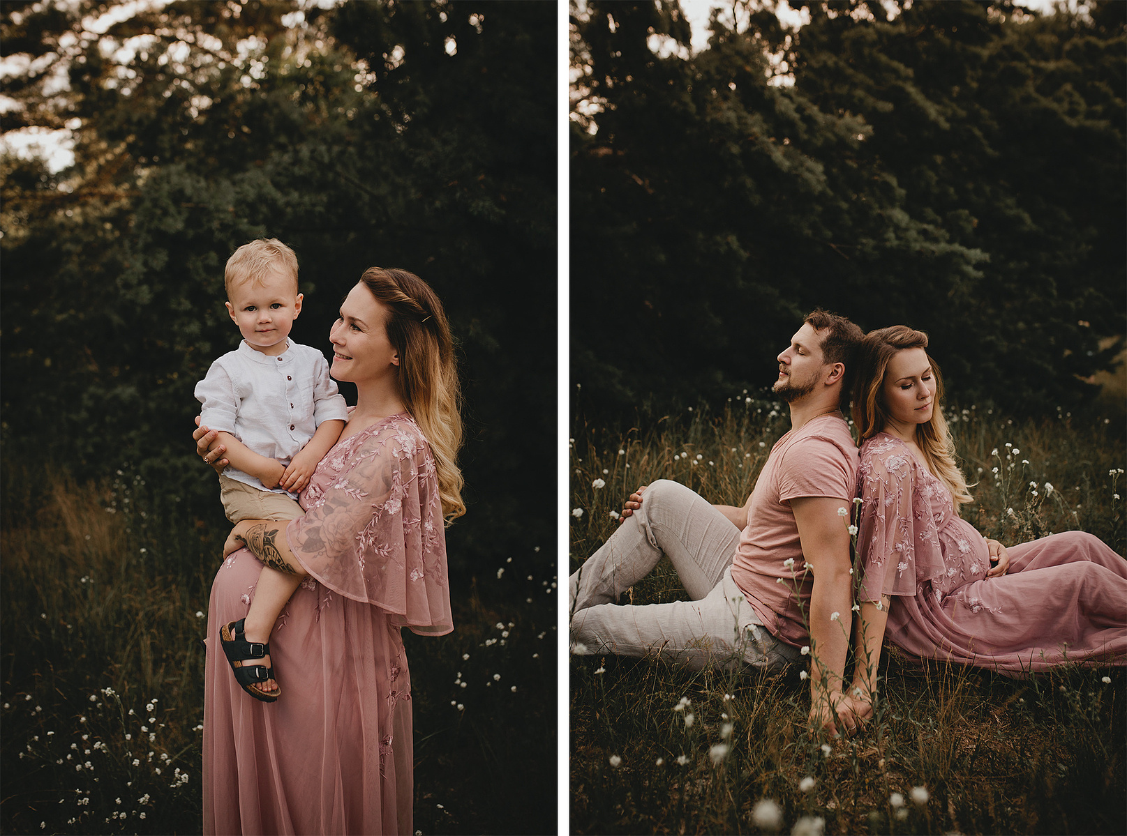 Jana und Chris posen mit ihrem Sohn für natürliche boho Familienfotos auf einer Blumenwiese bei Berlin.